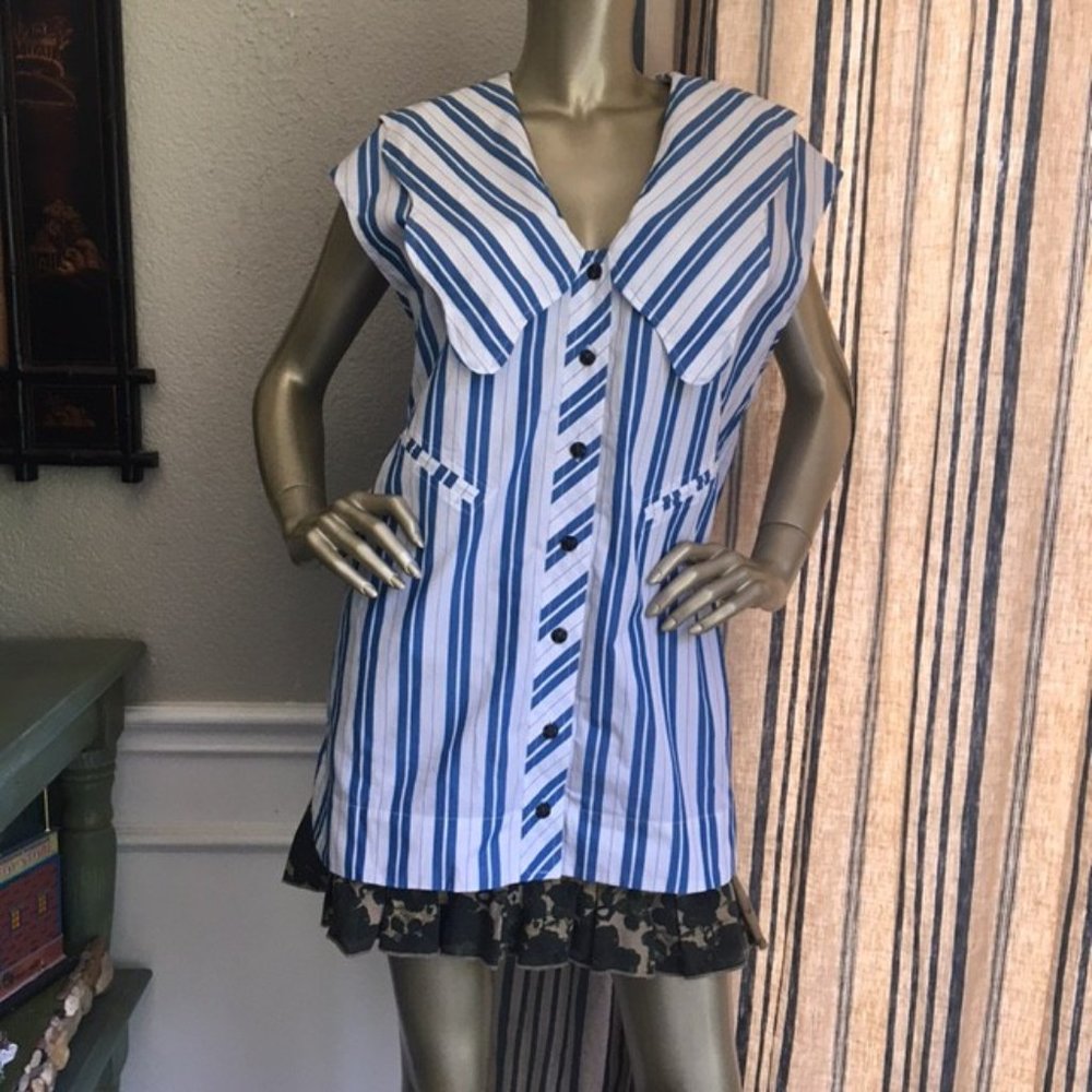 NWT Ganni Blue White Stripe Cotton Poplin Oversized Collar Shirt